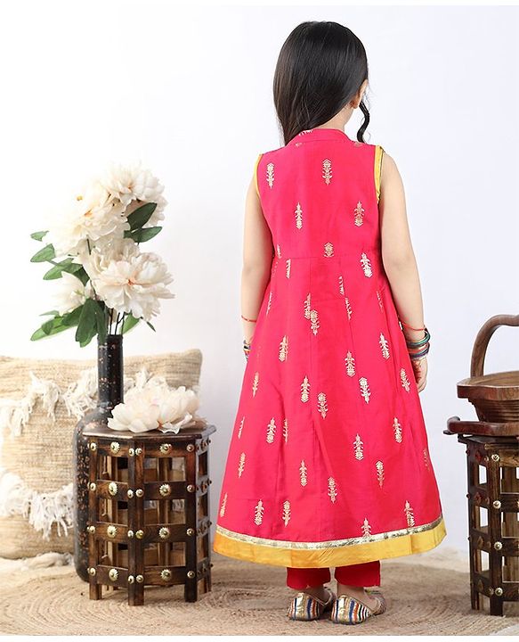 Babyhug Sleeveless Kurti & Shrug Floral Embroidery - Fuchsia Yellow