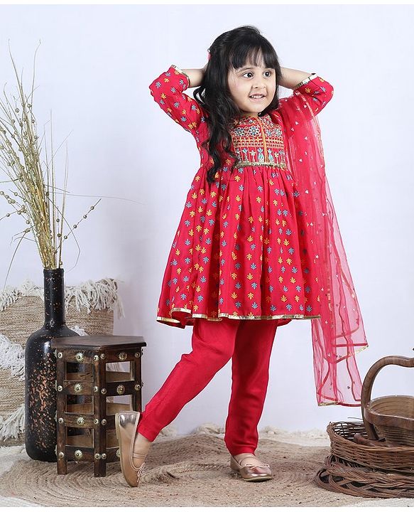 Babyhug Three Fourth Sleeves Kurti with Pant & Dupatta - Pink