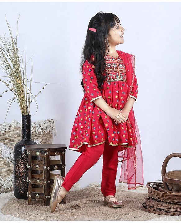Babyhug Three Fourth Sleeves Kurti with Pant & Dupatta - Pink