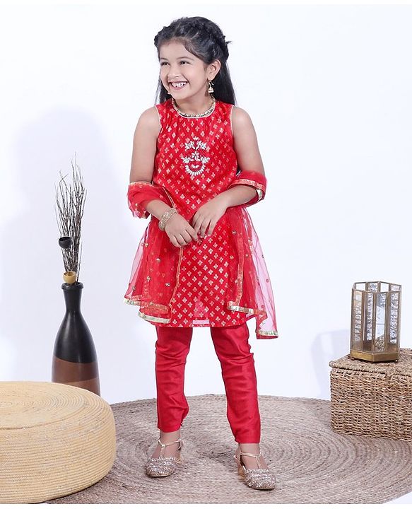 Babyhug Sleeveless Kurti & Churidaar With Dupatta Floral Embroidery - Red