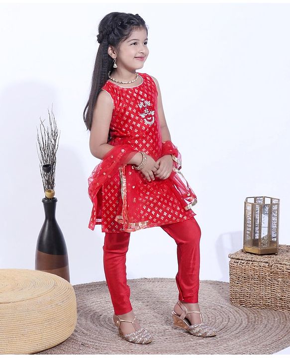 Babyhug Sleeveless Kurti & Churidaar With Dupatta Floral Embroidery - Red