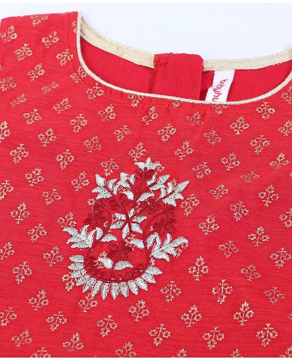 Babyhug Sleeveless Kurti & Churidaar With Dupatta Floral Embroidery - Red