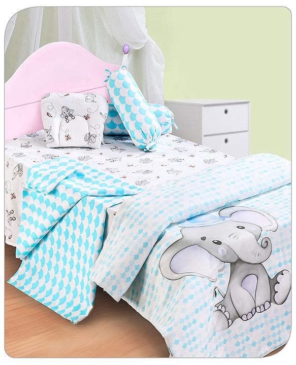 Babyhug Premium 180 TC Cotton Baby Bedding Essentials Set Pack of 6 Elephant Theme -Blue