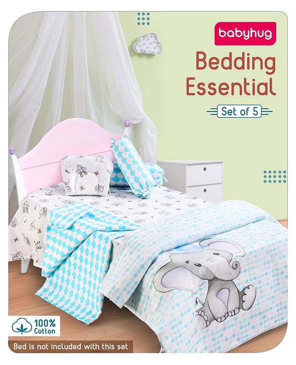 Babyhug Premium 180 TC Cotton Baby Bedding Essentials Set Pack of 6 Elephant Theme -Blue