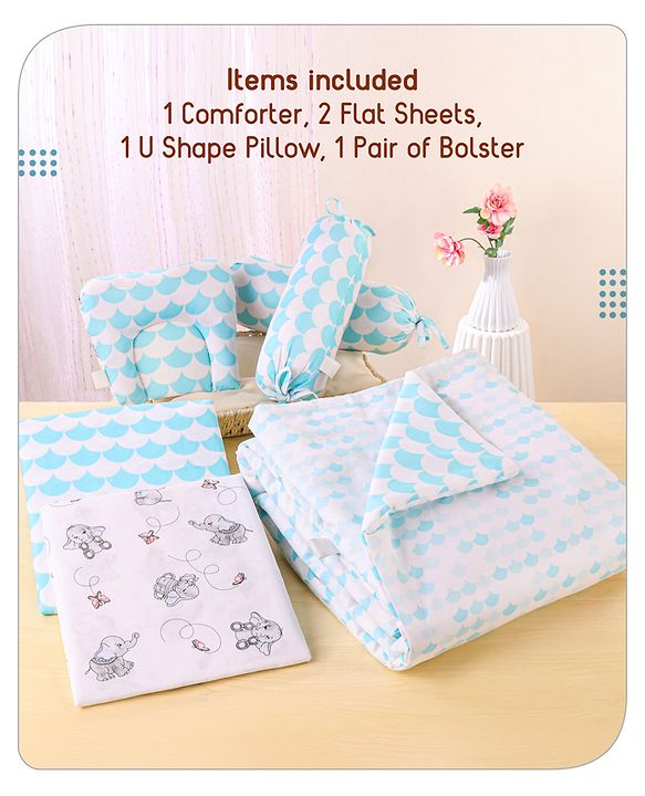 Babyhug Premium 180 TC Cotton Baby Bedding Essentials Set Pack of 6 Elephant Theme -Blue