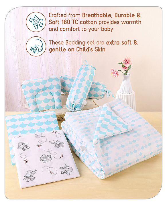 Babyhug Premium 180 TC Cotton Baby Bedding Essentials Set Pack of 6 Elephant Theme -Blue