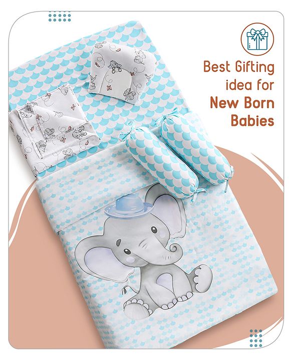 Babyhug Premium 180 TC Cotton Baby Bedding Essentials Set Pack of 6 Elephant Theme -Blue