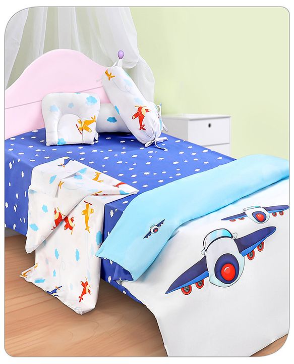 Babyhug Premium 180 TC Cotton Baby Bedding Essentials Set Pack of 6 Aeroplane Theme-Navy Blue