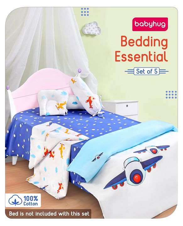 Babyhug Premium 180 TC Cotton Baby Bedding Essentials Set Pack of 6 Aeroplane Theme-Navy Blue