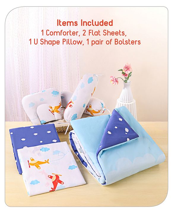 Babyhug Premium 180 TC Cotton Baby Bedding Essentials Set Pack of 6 Aeroplane Theme-Navy Blue