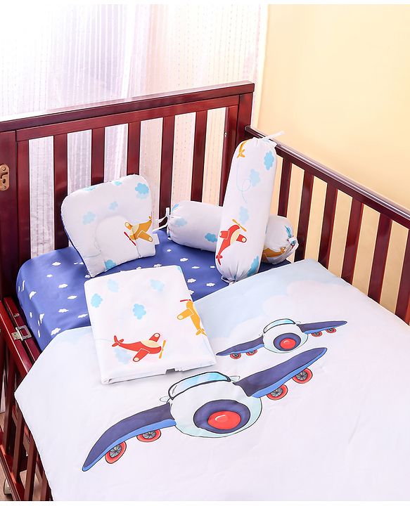 Babyhug Premium 180 TC Cotton Baby Bedding Essentials Set Pack of 6 Aeroplane Theme-Navy Blue