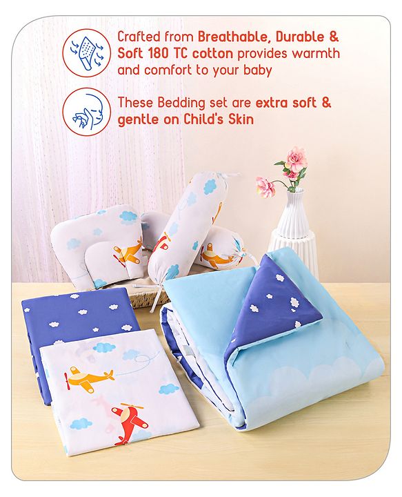 Babyhug Premium 180 TC Cotton Baby Bedding Essentials Set Pack of 6 Aeroplane Theme-Navy Blue