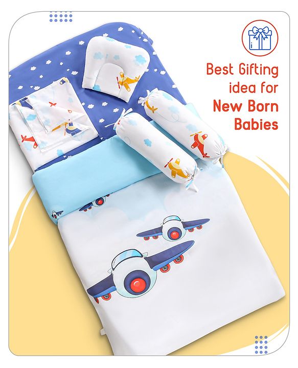 Babyhug Premium 180 TC Cotton Baby Bedding Essentials Set Pack of 6 Aeroplane Theme-Navy Blue
