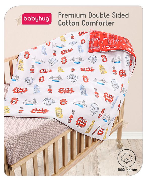 Babyhug Premium 180 TC Cotton Baby Double Sided Comforter London Street Theme-Red