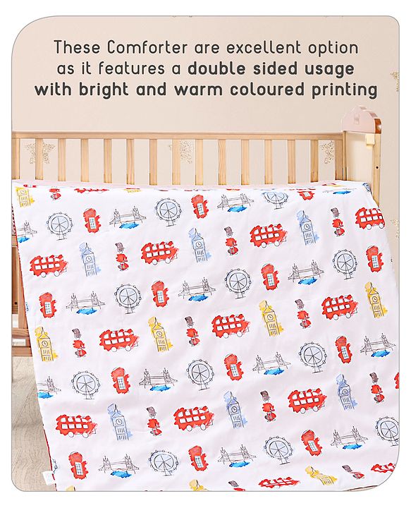Babyhug Premium 180 TC Cotton Baby Double Sided Comforter London Street Theme-Red