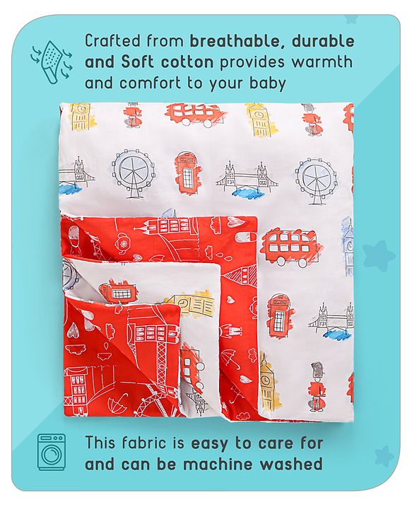 Babyhug Premium 180 TC Cotton Baby Double Sided Comforter London Street Theme-Red