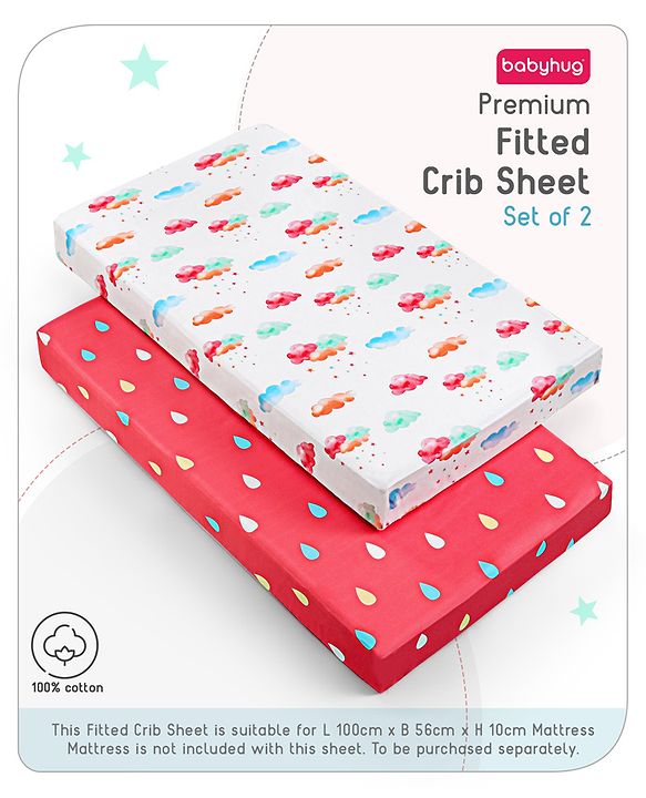 Babyhug Premium 180 TC Cotton Fitted Crib Sheet Set of 2 Rainbow Theme-Multicolor