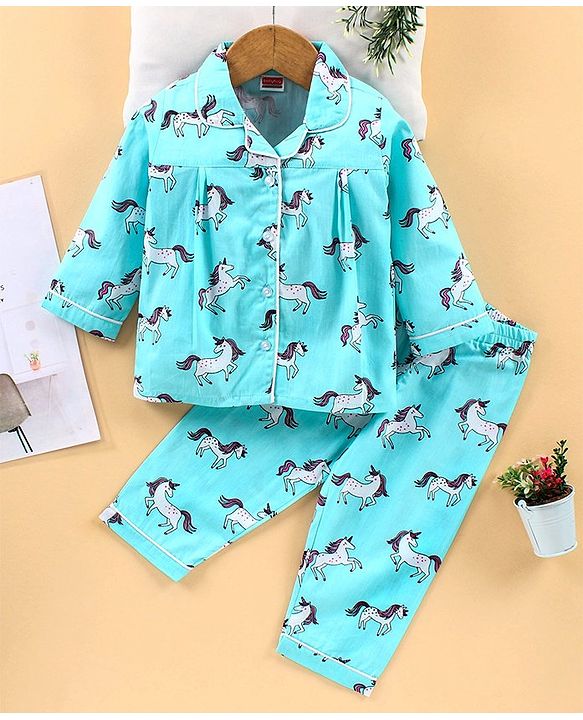 Babyhug Full Sleeves Night Suit Unicorn Print  - Blue