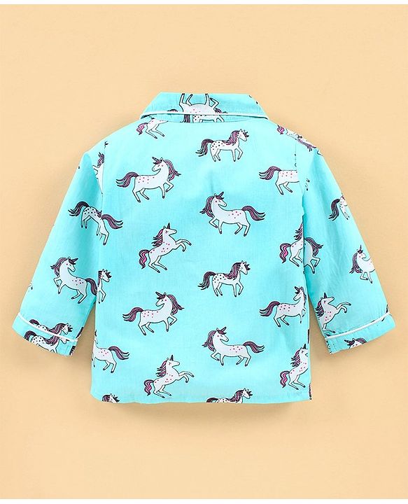 Babyhug Full Sleeves Night Suit Unicorn Print  - Blue