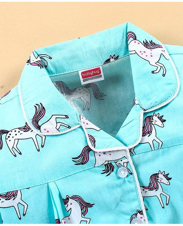 Babyhug Full Sleeves Night Suit Unicorn Print  - Blue