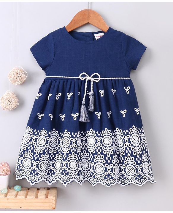 Babyhug Short Sleeves Schiffli Frock - Blue