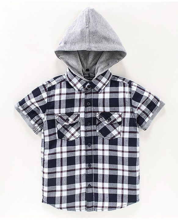 Pine Kids Half sleeves Hooded Indigo Checked Shirt - Navy