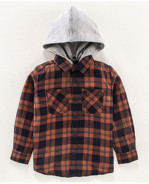 Pine Kids Full sleeves Hooded Indigo Checked Shirt - Brown