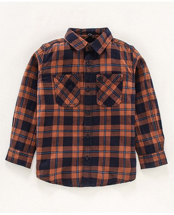 Pine Kids Full sleeves Hooded Indigo Checked Shirt - Brown