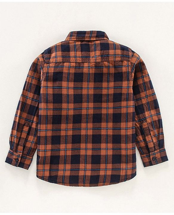 Pine Kids Full sleeves Hooded Indigo Checked Shirt - Brown