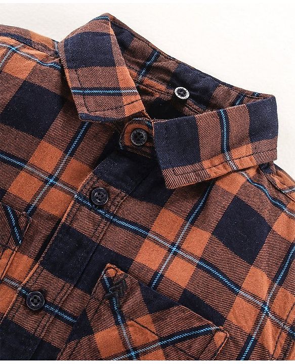 Pine Kids Full sleeves Hooded Indigo Checked Shirt - Brown