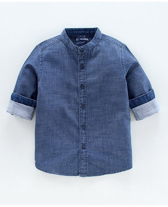 Pine Kids Denim Enzyme Washed Full Band Collar Shirt - Blue