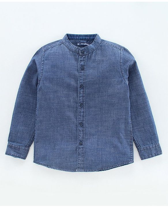 Pine Kids Denim Enzyme Washed Full Band Collar Shirt - Blue