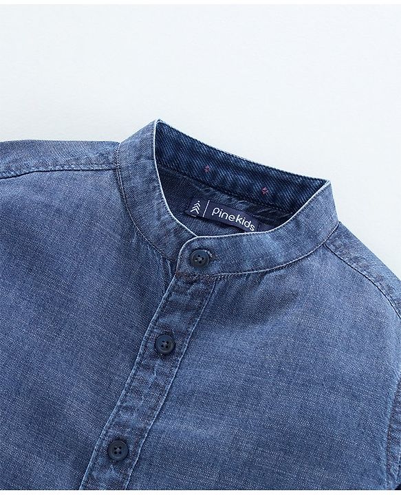 Pine Kids Denim Enzyme Washed Full Band Collar Shirt - Blue