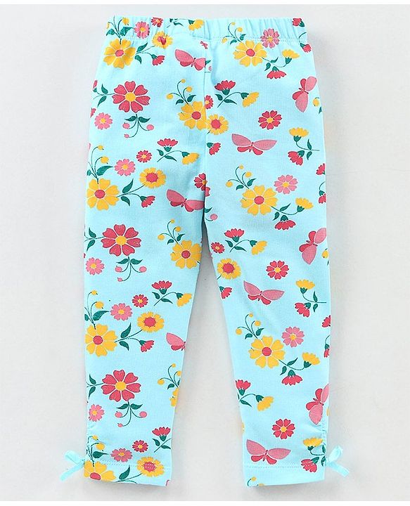 Babyhug Full Length Slim Fit Leggings Floral Print - Turquoise