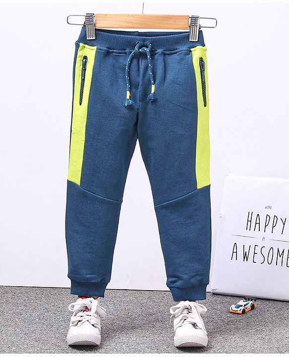 Babyhug Full Length Cotton Looper Track Pant With Zipped Side Pockets - Blue Green