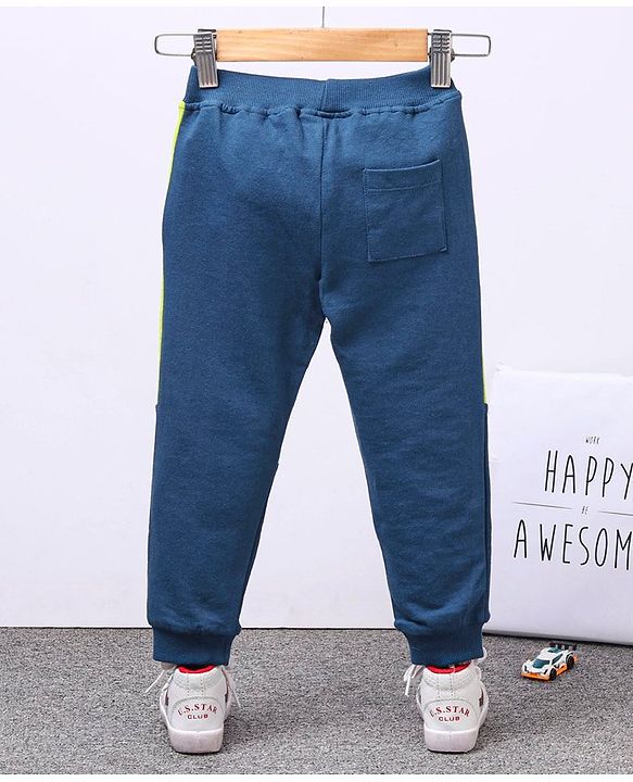 Babyhug Full Length Cotton Looper Track Pant With Zipped Side Pockets - Blue Green
