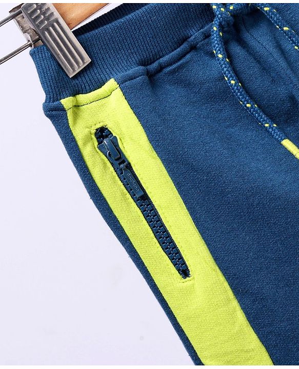 Babyhug Full Length Cotton Looper Track Pant With Zipped Side Pockets - Blue Green