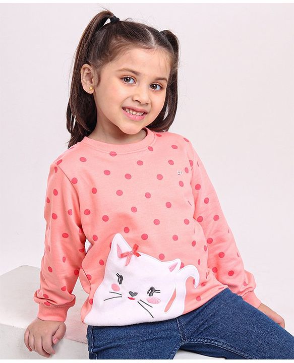 Babyhug Full Sleeves Sweatshirt Kitty Patch - Peach