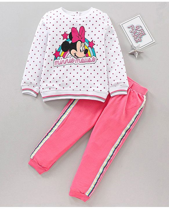 Babyhug Cotton Full Sleeves Top & Lounge Pant Set Dot & Minnie Mouse Print- White Pink