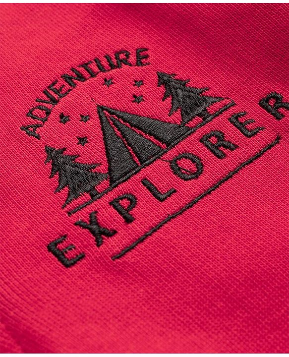 Pine Kids Cotton Knit Full Sleeves Hooded Sweatjacket   with Mountain Embroidery - Red