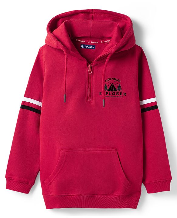 Pine Kids Cotton Knit Full Sleeves Hooded Sweatjacket   with Mountain Embroidery - Red