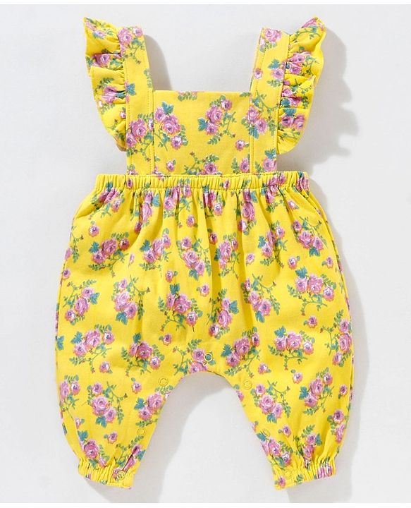 Babyhug Dungaree Style Romper with Full Sleeves Tee Floral Print - Yellow Pink