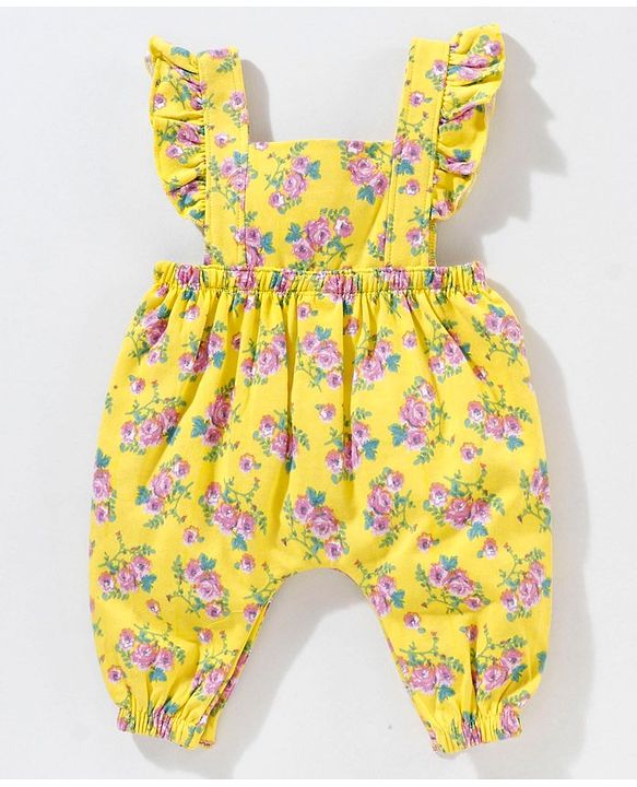 Babyhug Dungaree Style Romper with Full Sleeves Tee Floral Print - Yellow Pink