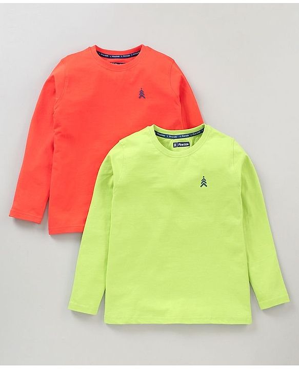 Pine Kids Full Sleeves Biowashed T-shirt Pack of 2 - Green Orange