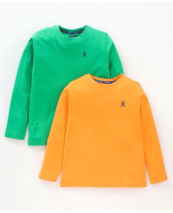 Pine Kids Full Sleeves Biowashed T-shirt Pack of 2 - Green Orange