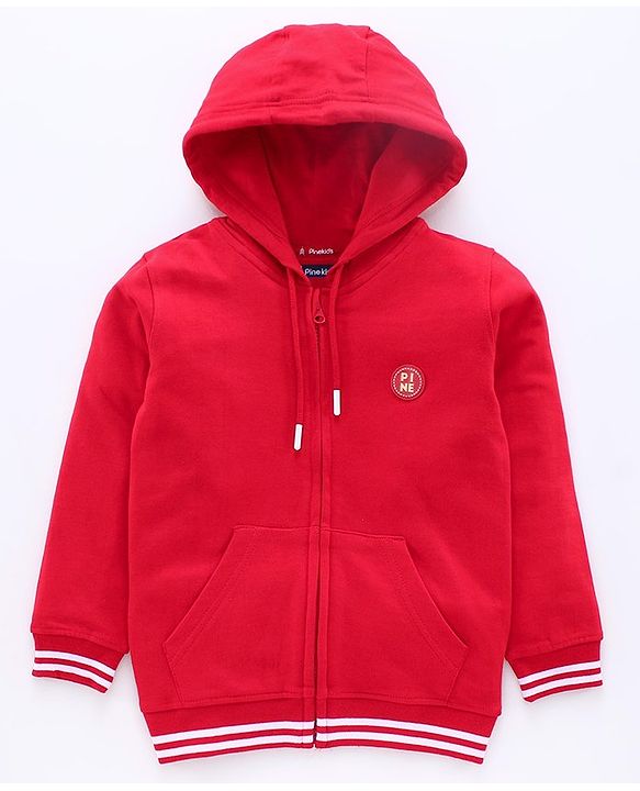 Pine Kids Full Sleeves Bio Wash Hooded Sweat Jacket - Red