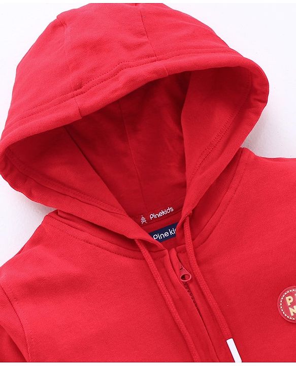 Pine Kids Full Sleeves Bio Wash Hooded Sweat Jacket - Red