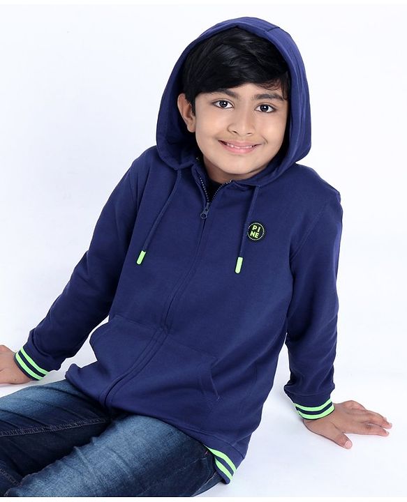 Pine Kids Full Sleeves Front Open Sweatshirt Logo Badge - Blue