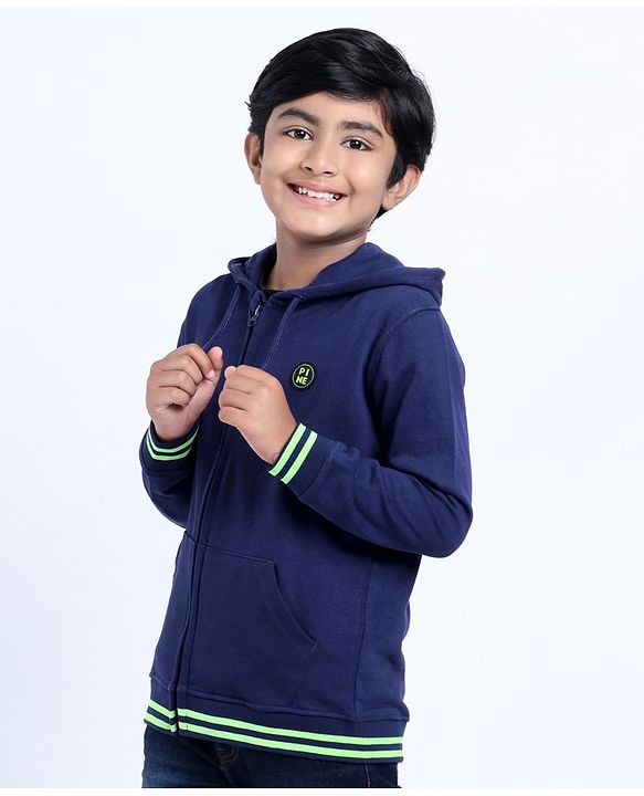 Pine Kids Full Sleeves Front Open Sweatshirt Logo Badge - Blue