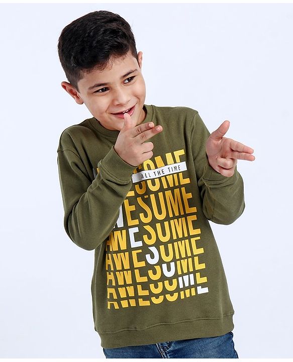 Pine Kids Full Sleeves Sweatshirt Text Print - Green